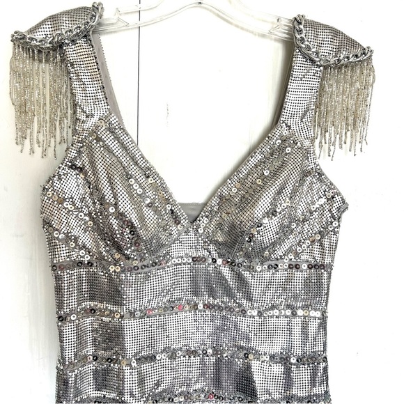 162. BASIX Black Label Silver Metallic Cochella Style Mini Dress •2 - Picture 3 of 15